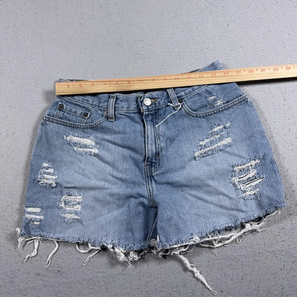 VTG Levis Denim Shorts Womens 10 Blue High Rise Distressed Cut Off Black Batwing
